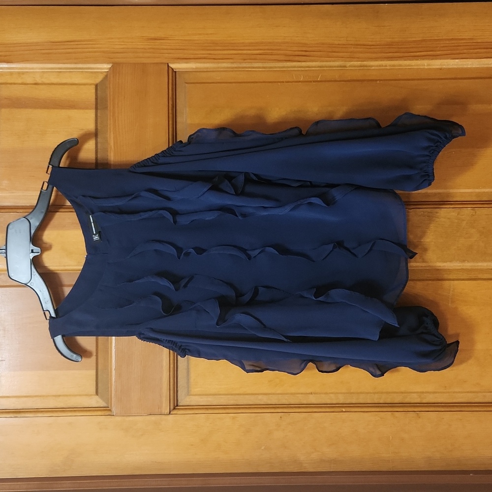 INC Macy's Navy Blue Ruffle Front Cold Shoulder Blouse, Size XS, EUC